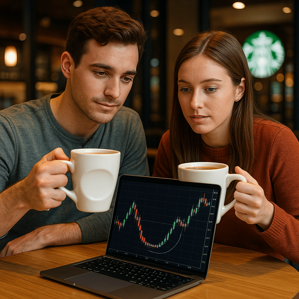 זוג שותה קפה ומתבונן בתבנית